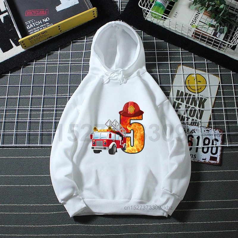 Cute Boys Hoodie Firefighter Car Birthday Numbers Cartoon Printed Kids Fashion Aesthetic Girl Spring And Autumn Sweatshirt Tops