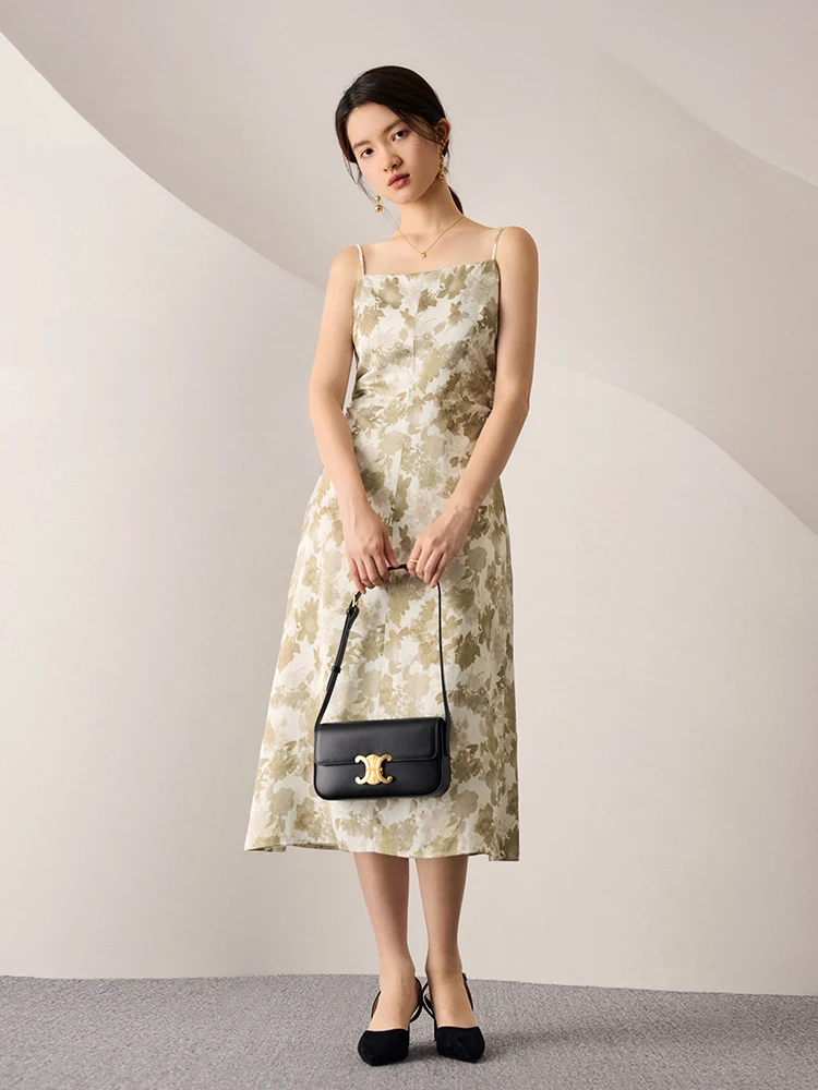 Ziqiao francês chiffon impresso vestido de cordão para o outono feminino 2023 novo vestido de cintura alta casual solto vestido feminino