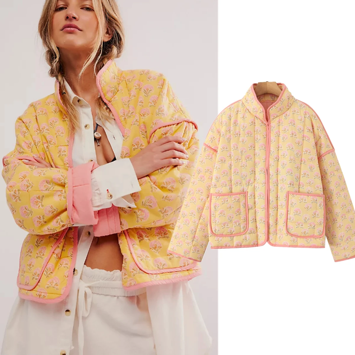 

Withered Yellow Floral Print Loose Dropped Bomber Jacket Shoulder Boyfriend Jacket Women French Retro Parka Coat