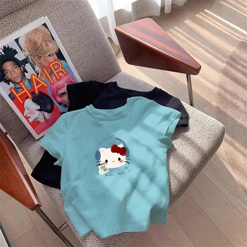 Cute Hello Kitty T Shirt Women Round Neck Short Sleeve Soft Cotton Cute Cartoon Print Y2K Casual Slim Basic Summer Tee Tops view 2