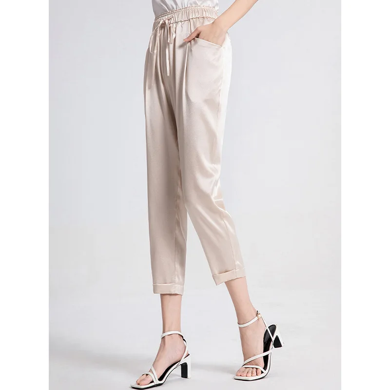 Birdsky, 1PC 여성 하렘 바지 바지 종아리 바지 drawtring 탄성 높은 허리 95% 진짜 뽕나무 실크 5% 스판덱스 2 색, S-945