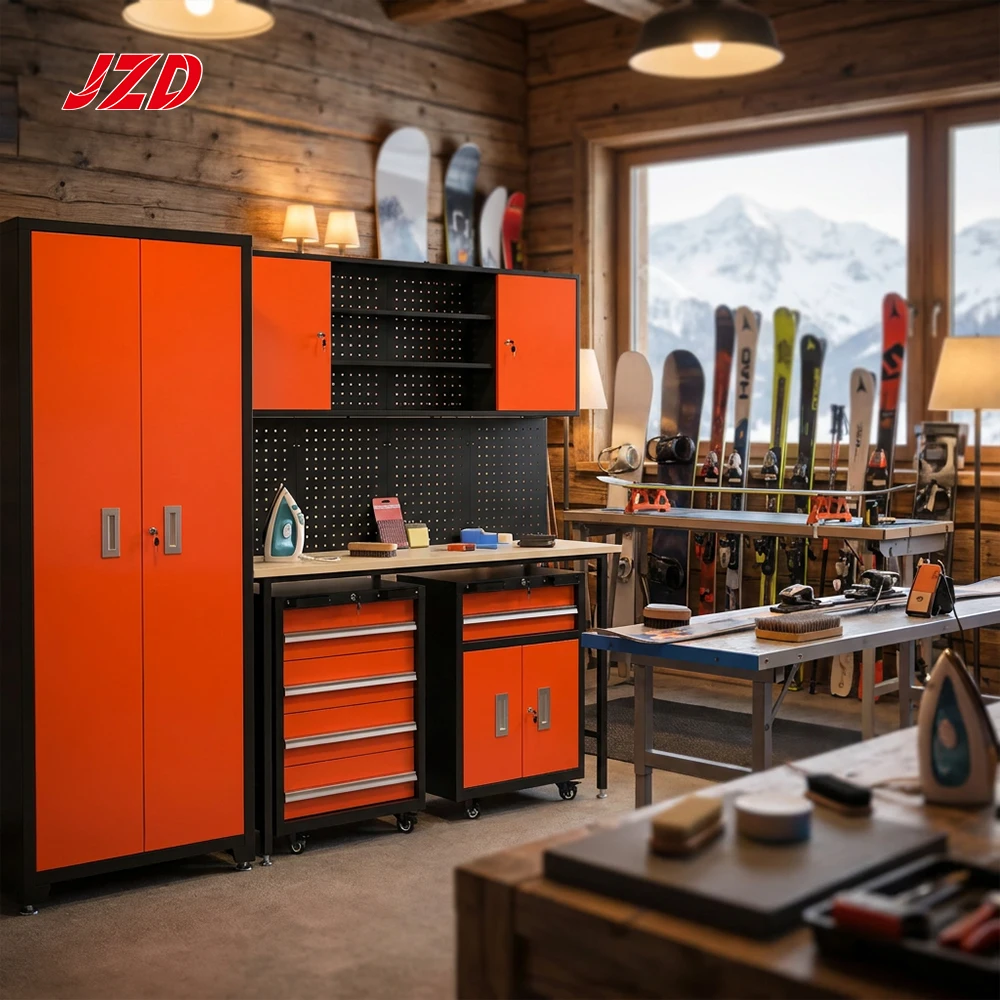 JZD Modular Steel Garage Cabinet Storage Solution Customizable Metal Workbench with Rolling Drawer Cabinets for DIY