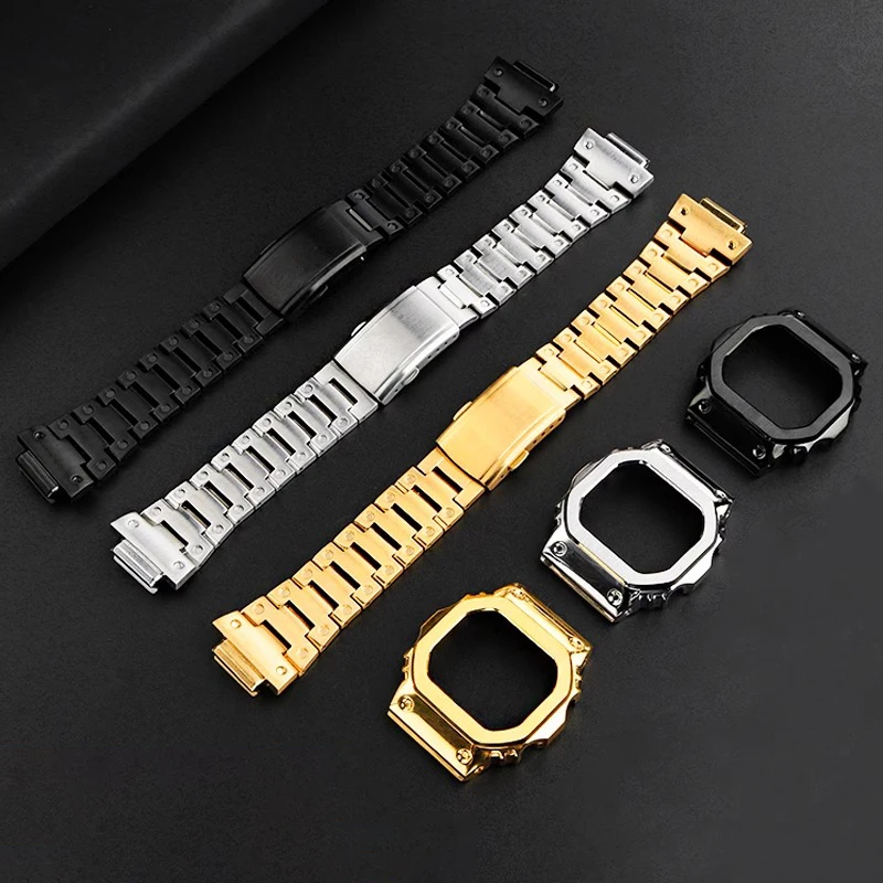 Modified Suit Watchband For Casio G-SHOCK DW5600 GW-B5600 GWM5610 Solid Stainless Steel Metal Bezel Watch Case-Strap Repair Tool