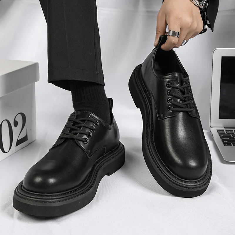 Luxury Men\'s Japan Karajuku Korean Style Streetwear Vintage Thick Platform Increase Casual Leather Shoes Soft Male Dress Shoes