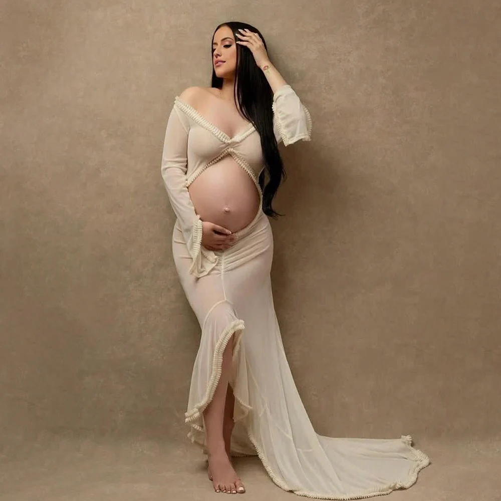 

Maternity Sheer Lace Ruffle Ruched Dress Long Sleeve Sexy Slit Belly Gowns Pregnant Dress For Photoshoot Simple Baby Shower