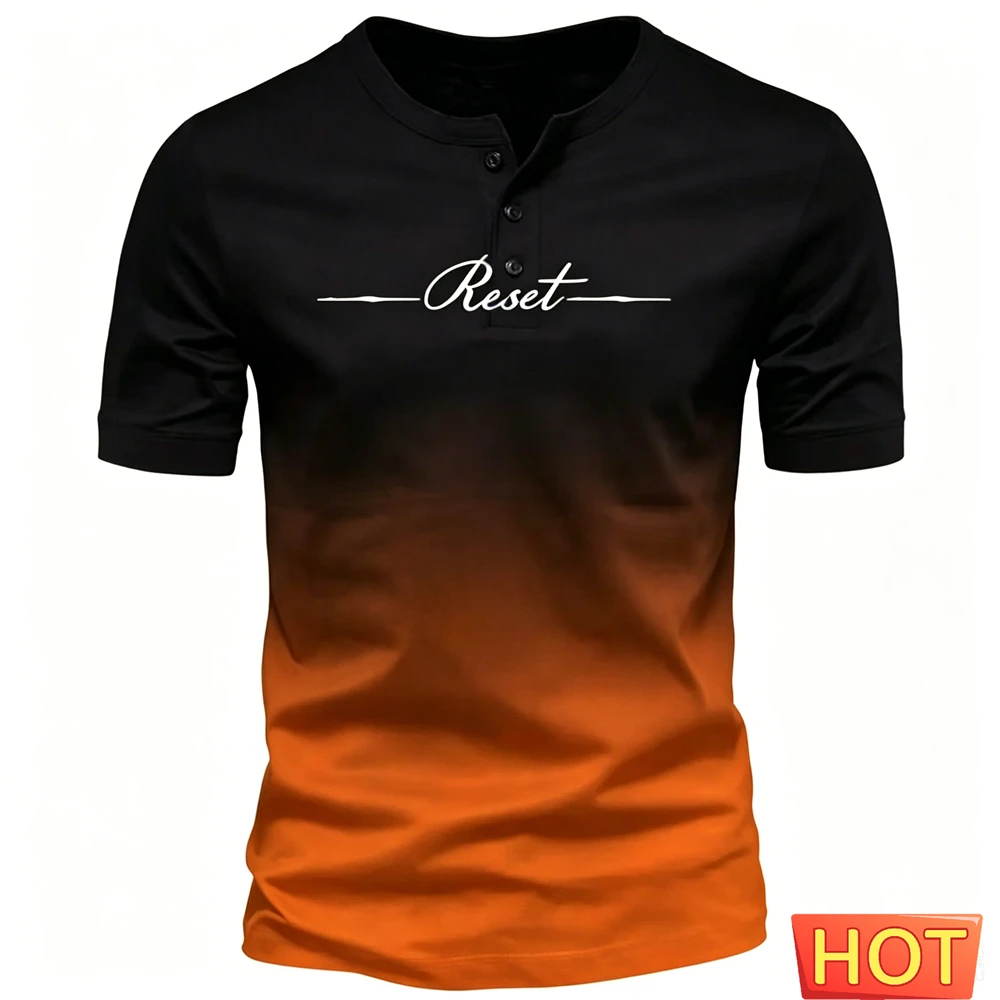 Summer Comfortable Men's Henley Shirts Fashion Letter Pattern 3D Print Henry Collar Short Sleeve Tees Casual Simple Loose Tops