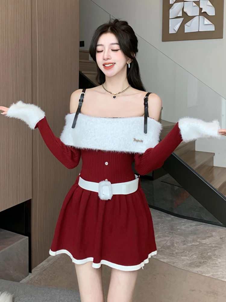 New Fashion Y2K Abito corto lavorato a maglia Donna Maglione da donna Chic Sexy con spalle scoperte Skinny Mini Party Prom Abiti Abiti elasticizzati