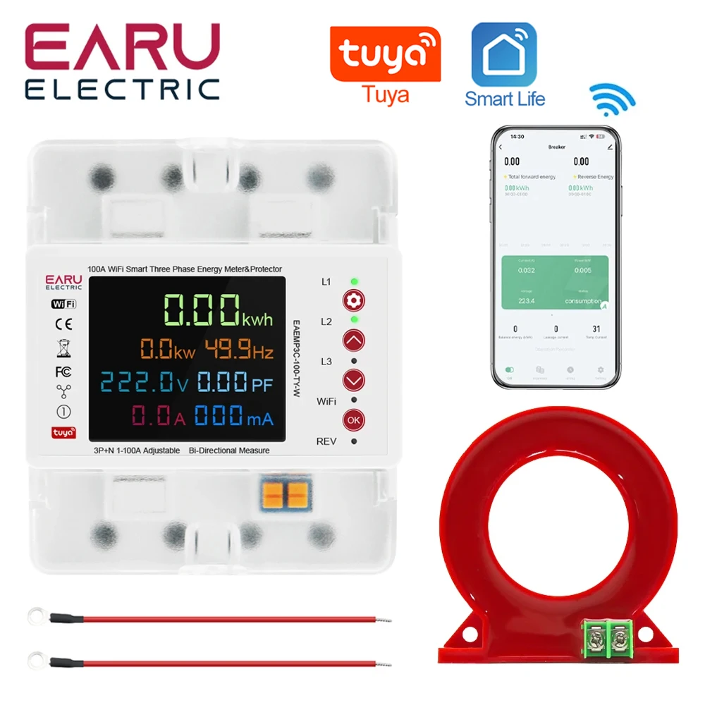 

3P 100A Tuya WiFi Smart Bi-Directional Energy Power kWh Meter Leakage Over Under Voltage Protector Relay Switch Current Limit