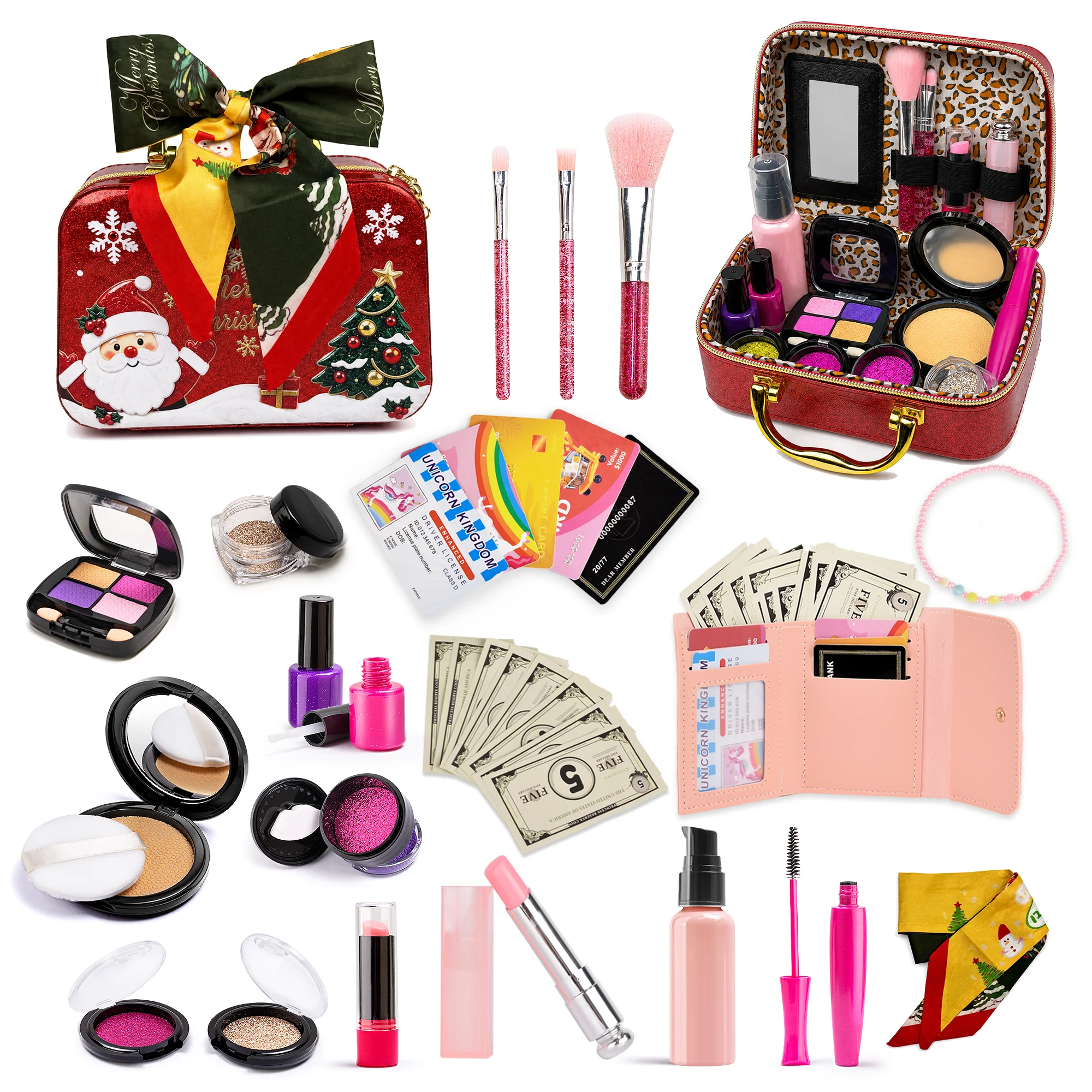 Christmas Pretend Makeup Set for Girls, Kids Fake Makeup Kit with Portable Christmas Cosmetic Case, Princess Dress Up Role Play Toy Accessories, Pretend Cosmetics Play Set, Christmas Birthday Gift for Toddler Girls Ages 3+, Not Real Makeup