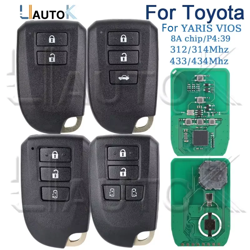 Chave Remota para Carro Toyota YARIS VIOS Regiusage Hiace, Modelo 0010/0011/0182, Caixa da Chave com Chip 8A 39, Frequência 433/434MHz 312/314MHz