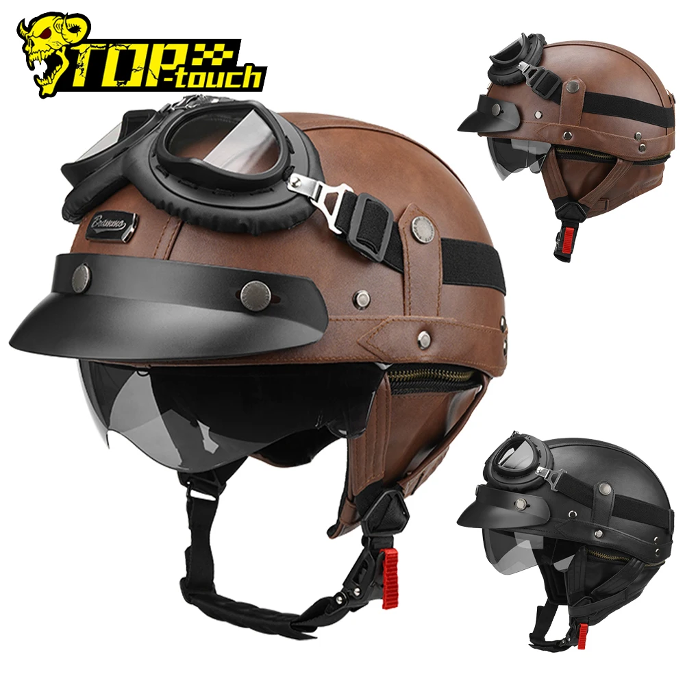 

Motorcycle Helmet Leather Motorbike Open Face Helmet Vintage Fashion Safety Helmets Anti Fall And Sun Cap Moto Half Helmet M-XL