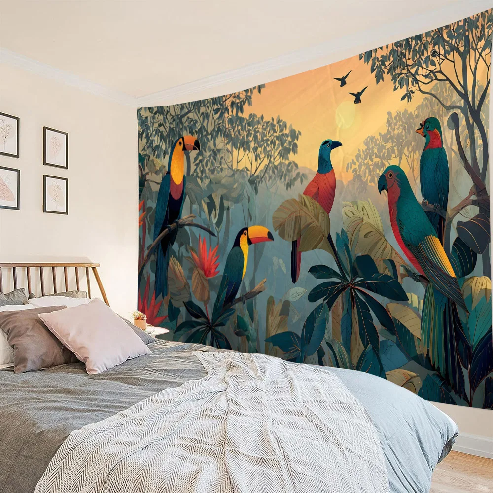 

Flower bird butterfly tapestry, peacock cat wall hanging, fabric decoration painting, animal background poster, home decoration