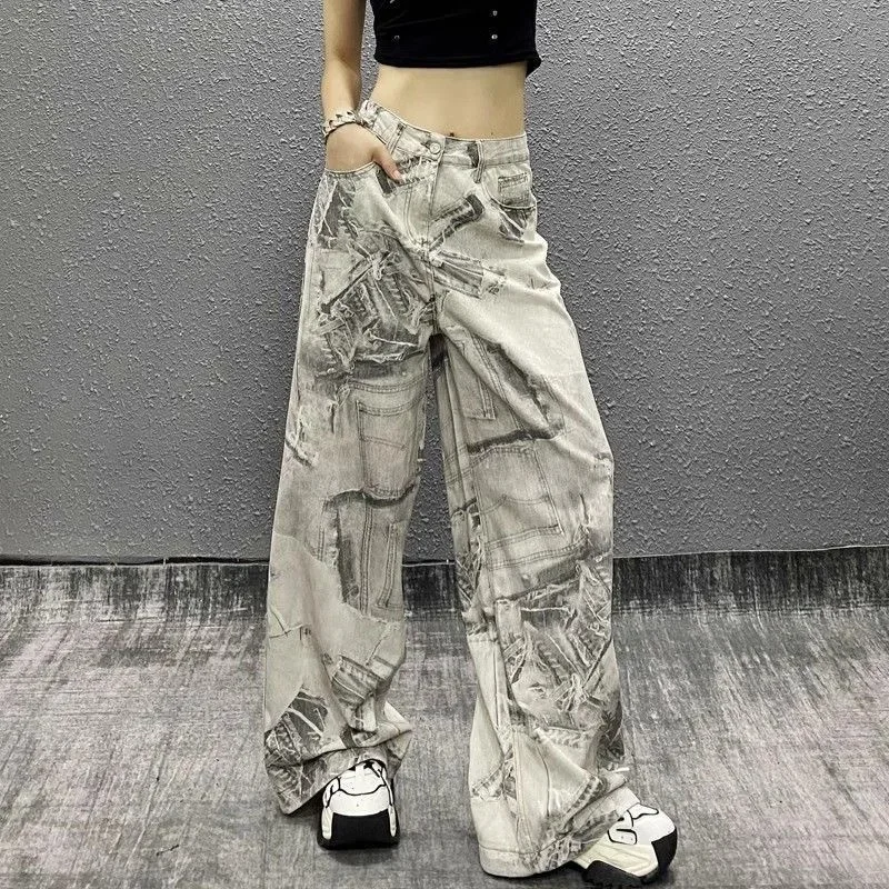 Ink color matching printing washed jeans women's autumn new high waist loose wild straight tie-dyed micro-la wide-leg mop pants.