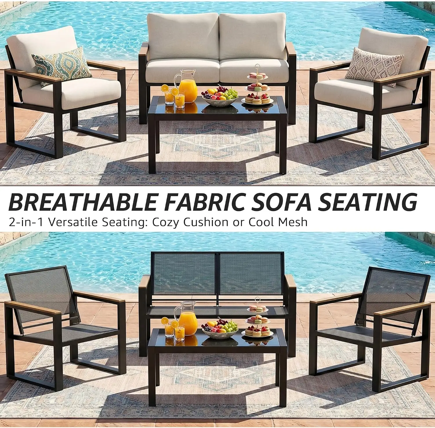 4 Piece Patio Furniture Sets Modern Metal Conversation Sets Anti Scald Wooden Armrest Sling Mesh Tempered Glass Table 4 Inch Ole