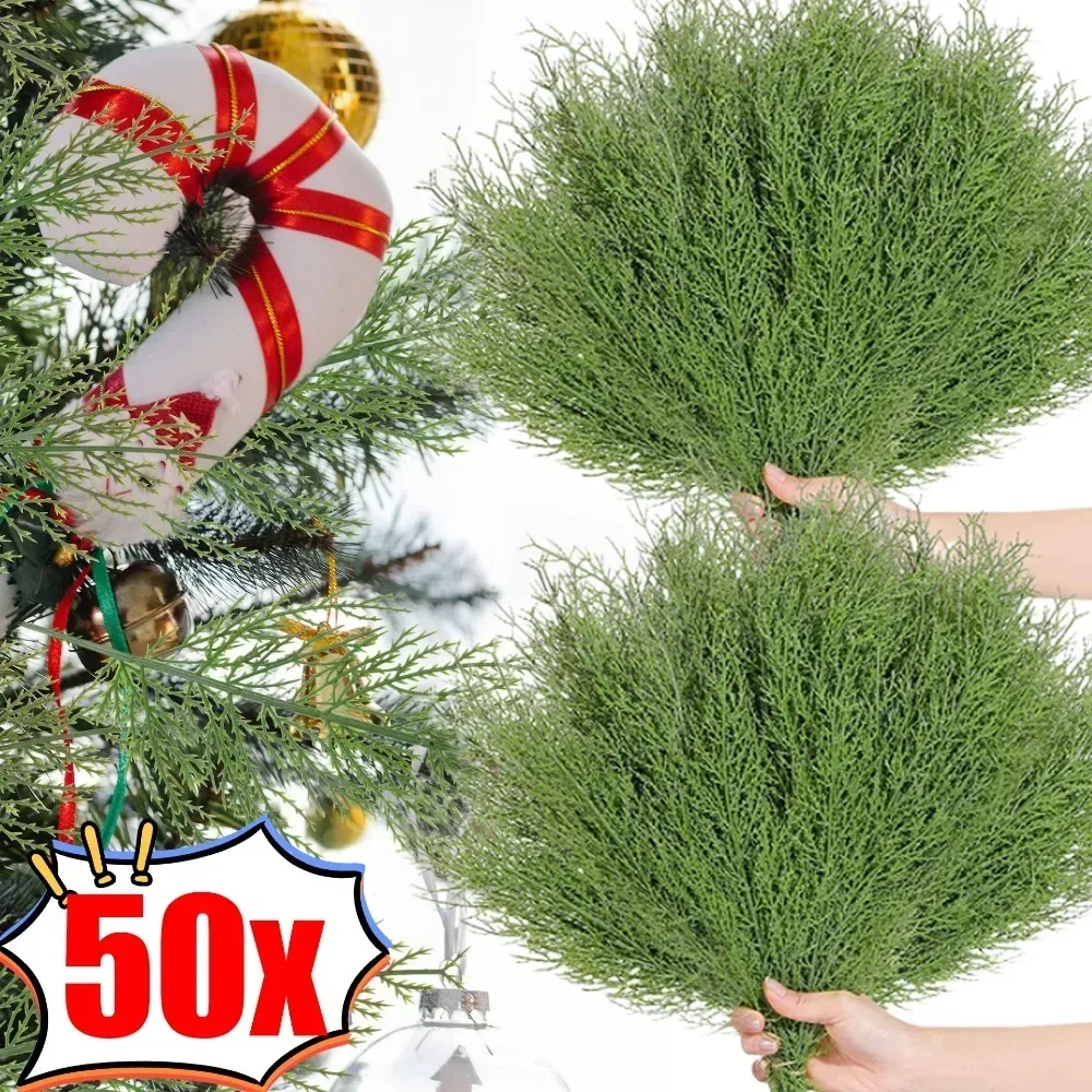 Artificial Cedar Pine Branch DIY Christmas Tree Garland Ornament Plastic Ceder Pine Stems Xmas Wedding Party Table Decoration