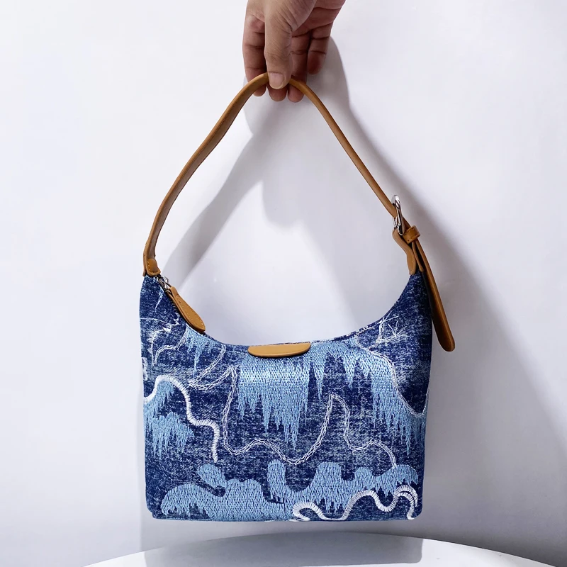 

Chinese Style Hobos Bags For Women Luxury Designer Handbag Purses 2024 New In Denim Embroidery Landscape Painting Cloth Shoulder