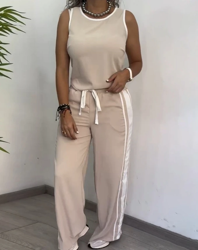 Temperament Girl 2024 Hot Summer Contrasting Color Wrapped Round Neck Vest and Striped Drawstring Sports Pants Set In Stock