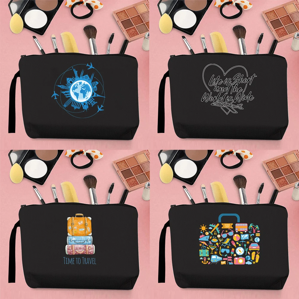 

2026 Woman Makeup Outdoor Travel Washing Storage Bag Canvas Place Travel Pattern Printing Portable Key Black Handbag Pen Case