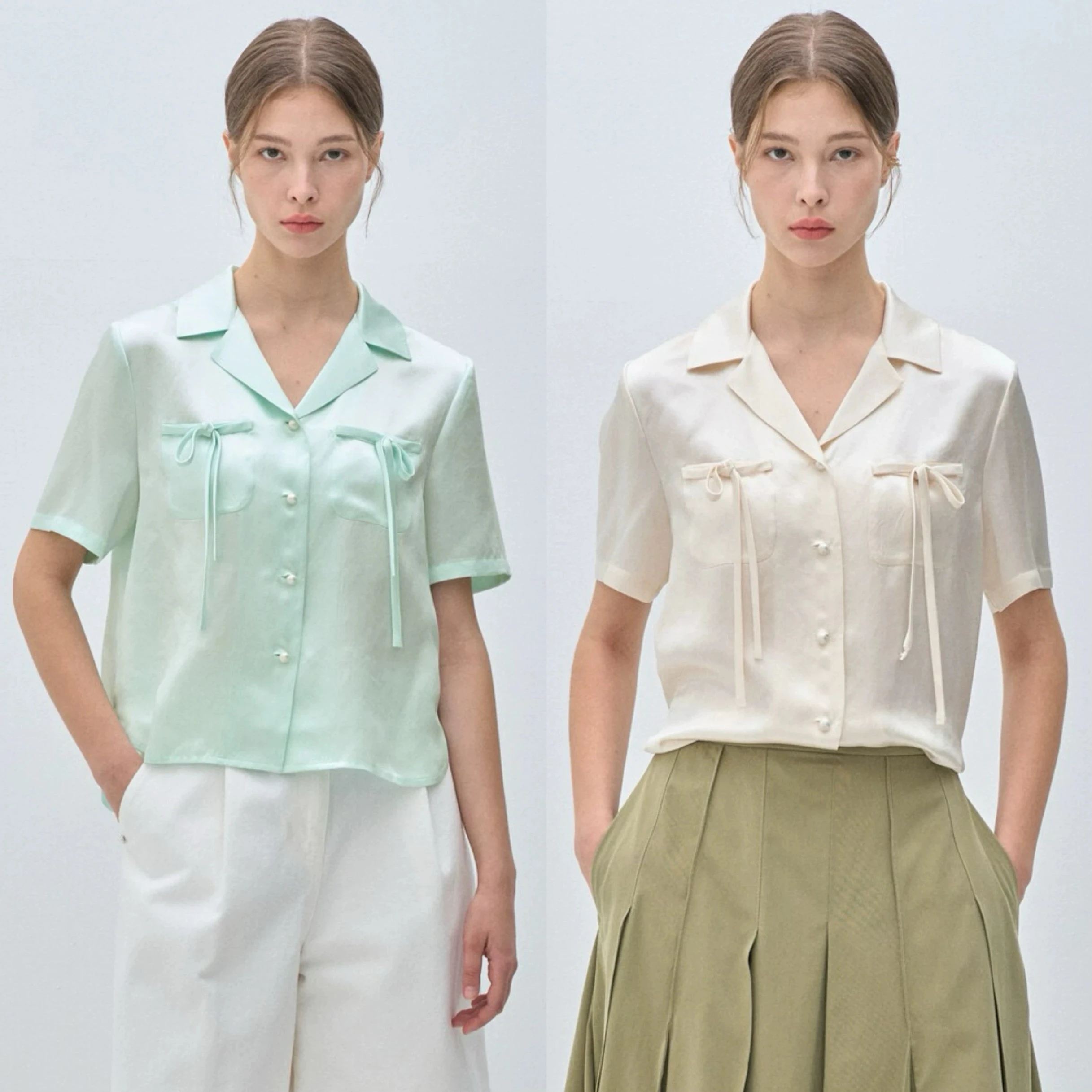 

M*NE Silk Smooth Button-Up irt Women's Loose ort Sve Turn-down Collar V-ne Commute Versatile Dual-color Ladies irt