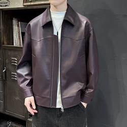 2024 Autumn Men Loose Casual Retro Streetwear Fashion Leather Short Bomber Jacket Motorcycle Coat Spring Outerwear