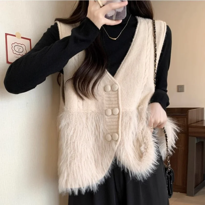 Women Clothing Korean Fashion Luxury Chic Fluffy Knitted Sweater Vest Solid V Neck Sleeveless Loose Waistcoat Elegant Outerwears