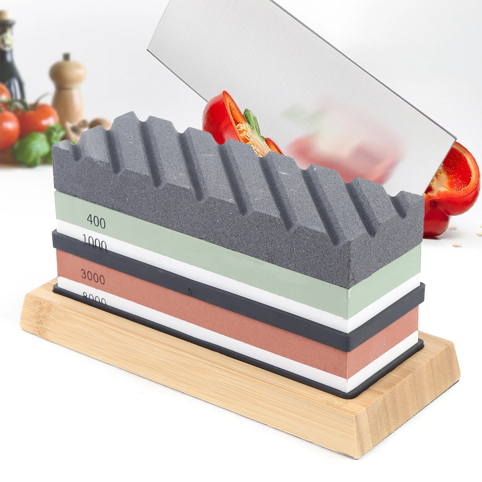 2 Sided Grit 400 1000/ 3000 8000 Sharpening Stone  Set Waterstone +Bamboo Base  Kitchen Polishing Set