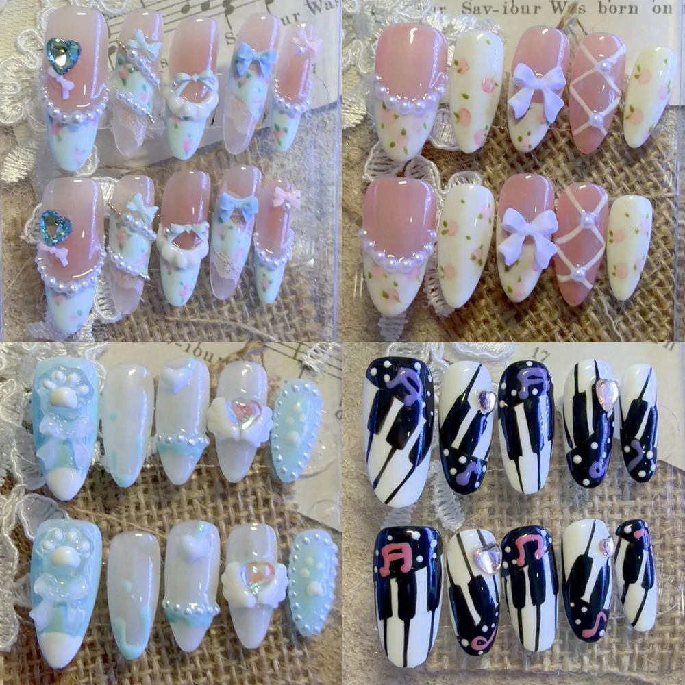 

10Pcs Fashion Y2K Shining Stars Wings Handmade Long Ellipse Press On Nails Flower Bowknot Musical Notes Diamond Pearl Fake Nails