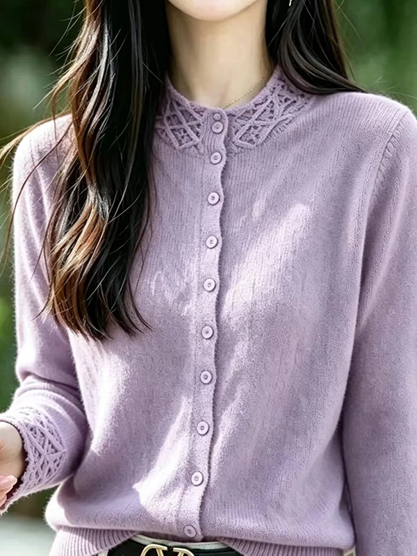 Women's Knitted Button-Up Cardigan Trendy Inner-Outer Wear Warm Base Shirt Top Floral Lace Design Autumn Fashion Premium Feel