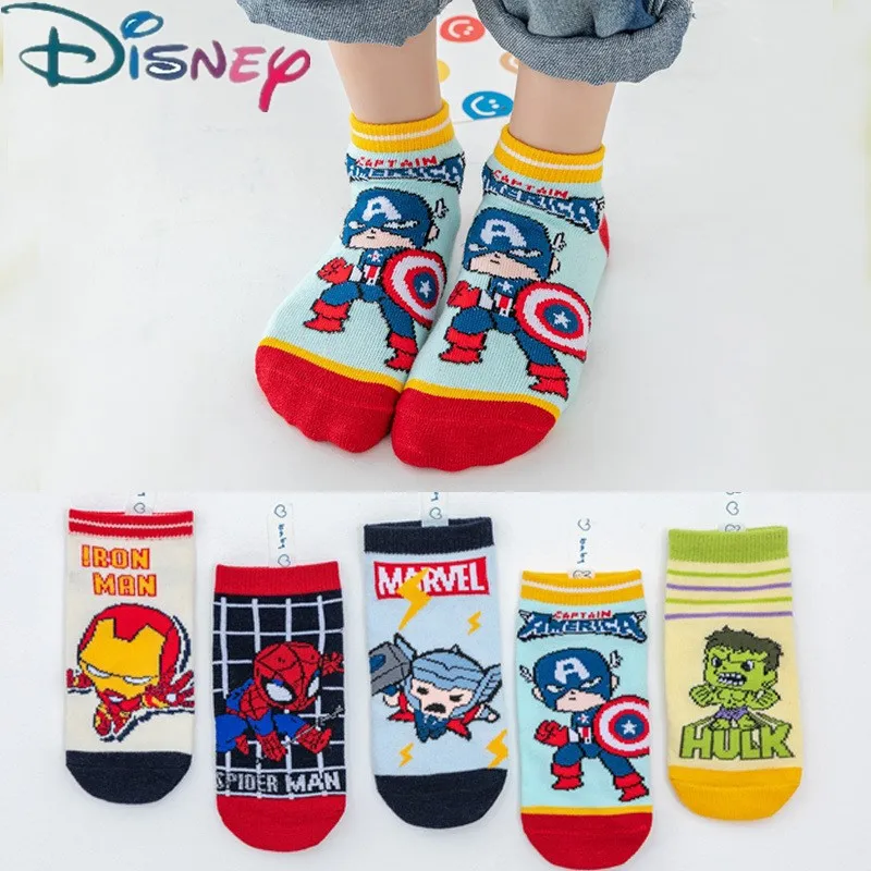 5 Pairs Spiderman Cotton Children\'s Socks iron Man Hulk Thor Anime kids Boys Short Socks Cartoon Baby Spring Summer Sock 1-12 Y