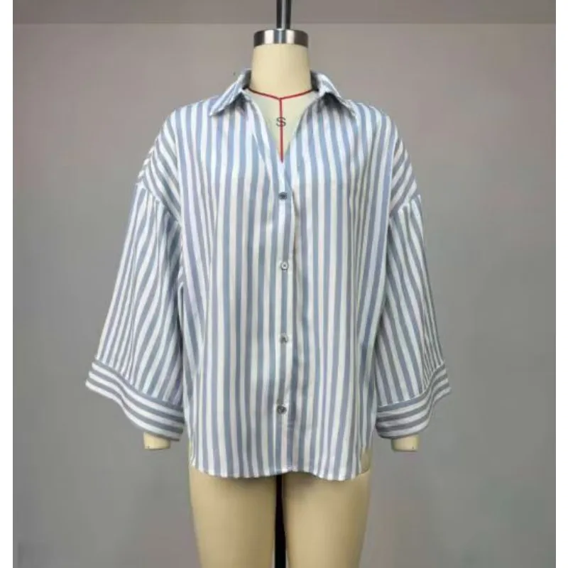 

European American Women's Clothing Autumn New Sweet Fresh Striped Lapel Loose Seven-quarter Sleeve Women's Shirt Top Exquisite