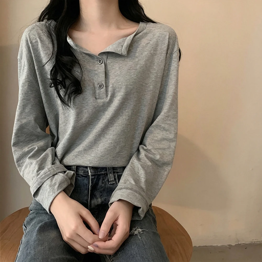 Women's Solid Color Loose Long Sleeved T-shirt Base Shirt Half-open Placket Tops For Spring And Autumn Seasons