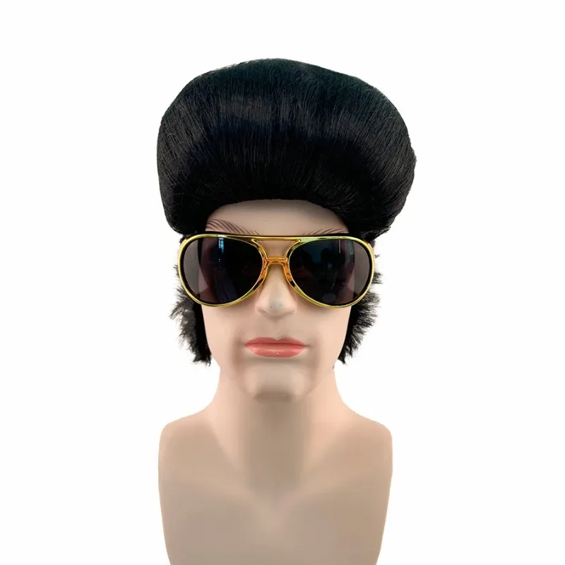 Rock and Roll Elvis Presley Cosplay Wig Daily Wear Melt Fibers Masquerade Party Stage Performance Black Short Hair