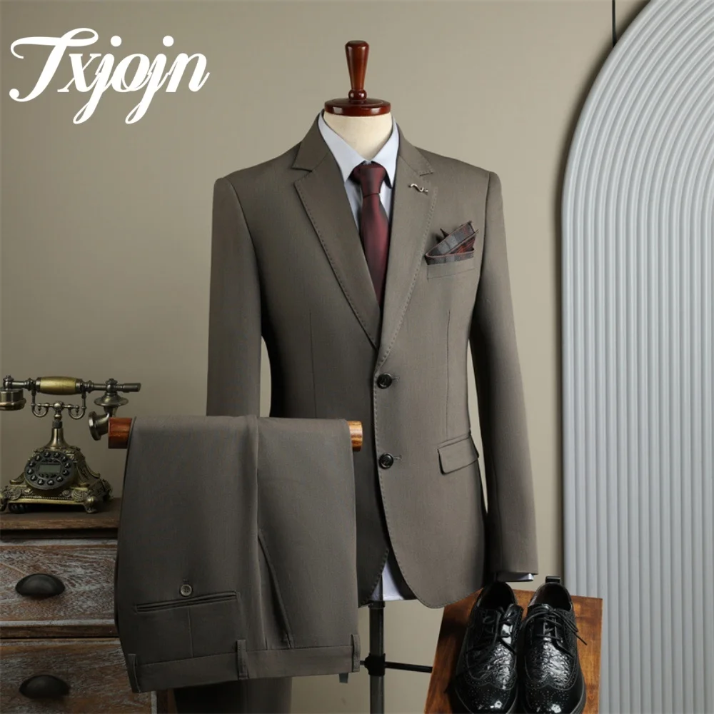Handsome Single Breasted Men's Suit 2PCS For Wedding Interview Formal Notched Lapel Men Suit Simple Solid Slim Suit For Groom Su