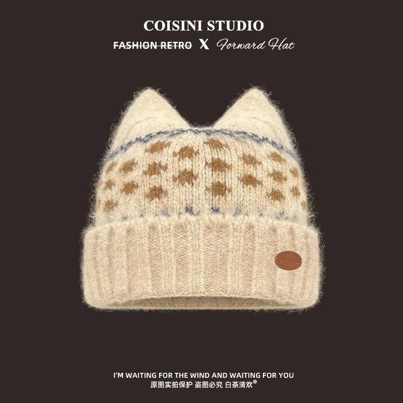Japanische Retro-Fair-Isle-Jacquard-Mütze mit Katzenohren, gestrickt, für Herbst und Winter, warm, verdickt, mit Ohrenschutz, Skull-Beanie-Mützen für Damen – Detail 2