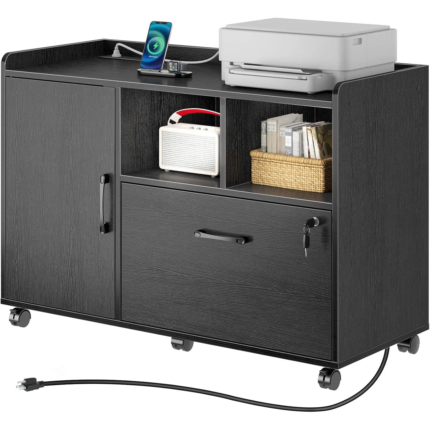 File Cabinet with Charging Station, Mobile Lateral Filing Cabinet with Locking Drawer, Printer Stand with Open Shelf with Wheels