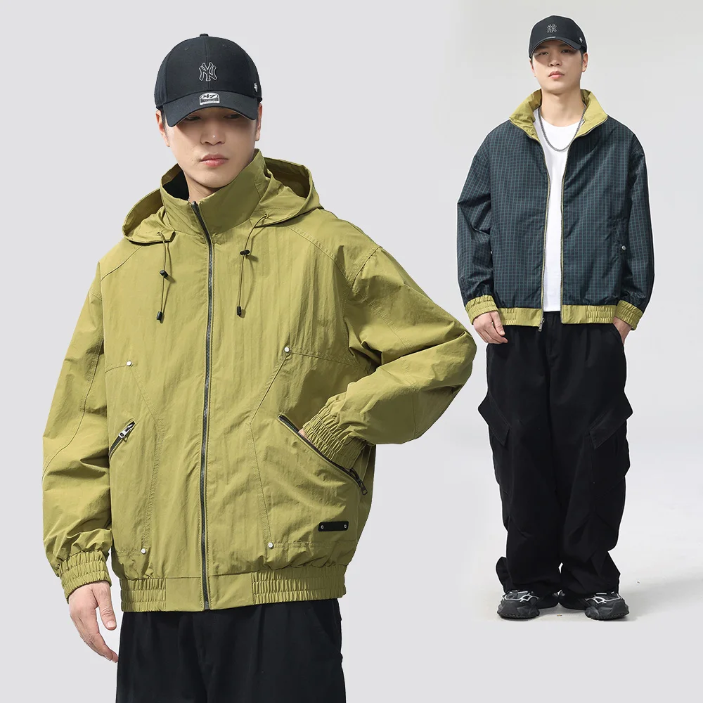 

Men Detachable Hat Stand Collar Double Side Can Wear Streetwear Fashion Loose Casual Outdoor Hooded Cargo Jacket Man Bomber Coat