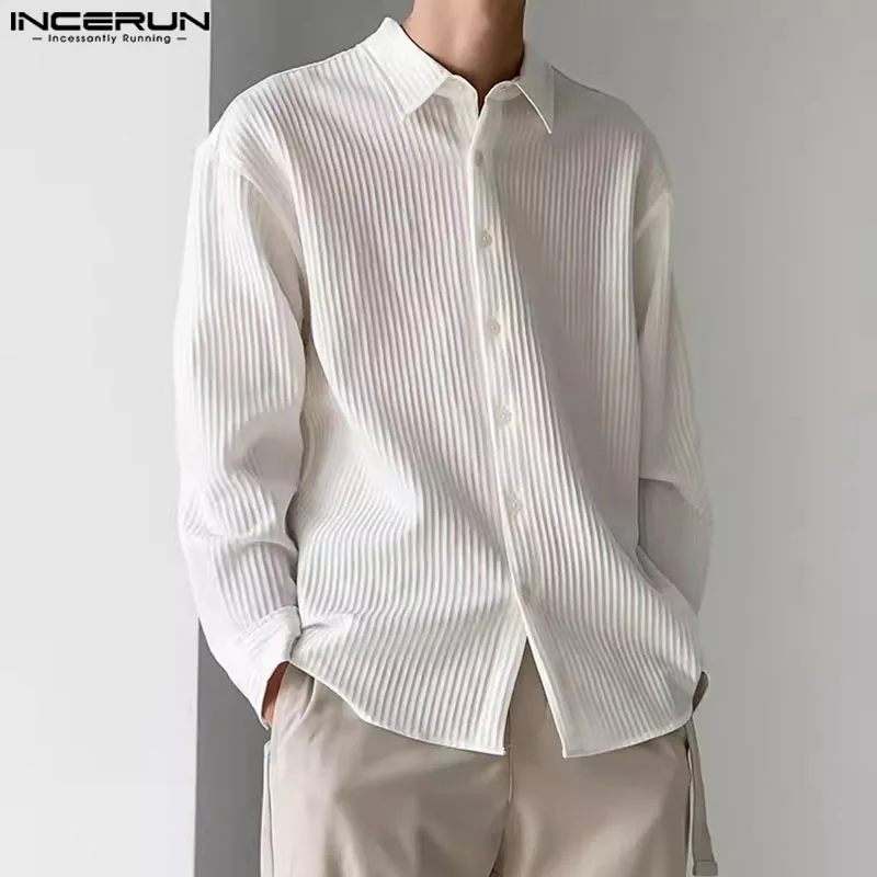 Fashion Summer New Men's Clothing Tops INCERUN 2024 Simple Striped Shirts Casual Streetwear Male Solid Long Sleeved Blouse S-5XL