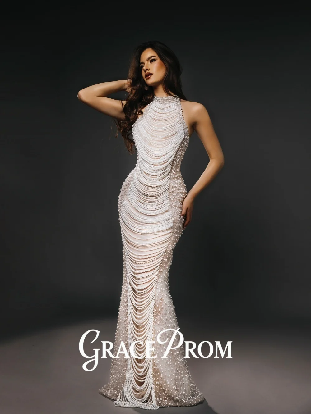 GraceProm Elegant Ivory-Hued Evening Dress 2026 Beaded-Chain Carpet Gown Fashion A-Line Floor-Length Party Gown فساتين س