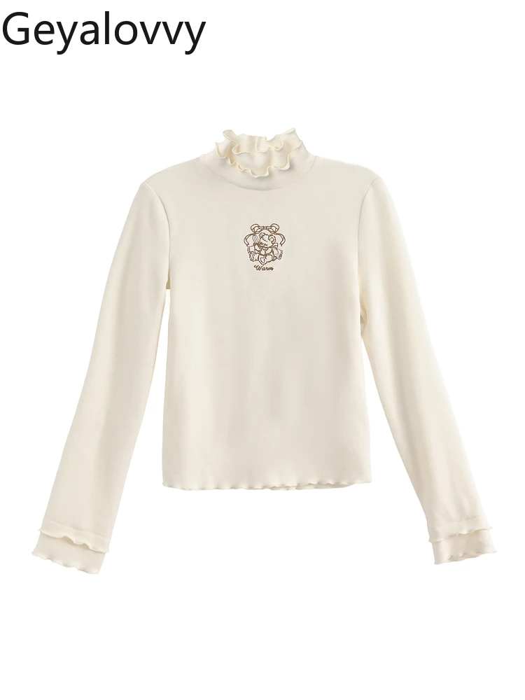 الحلو لطيف نمط بلون المطرزة طويلة الأكمام تي شيرت الخريف الشتاء جديد تنوعا عالية الرقبة قاعدة طبقة القمم للنساء #5