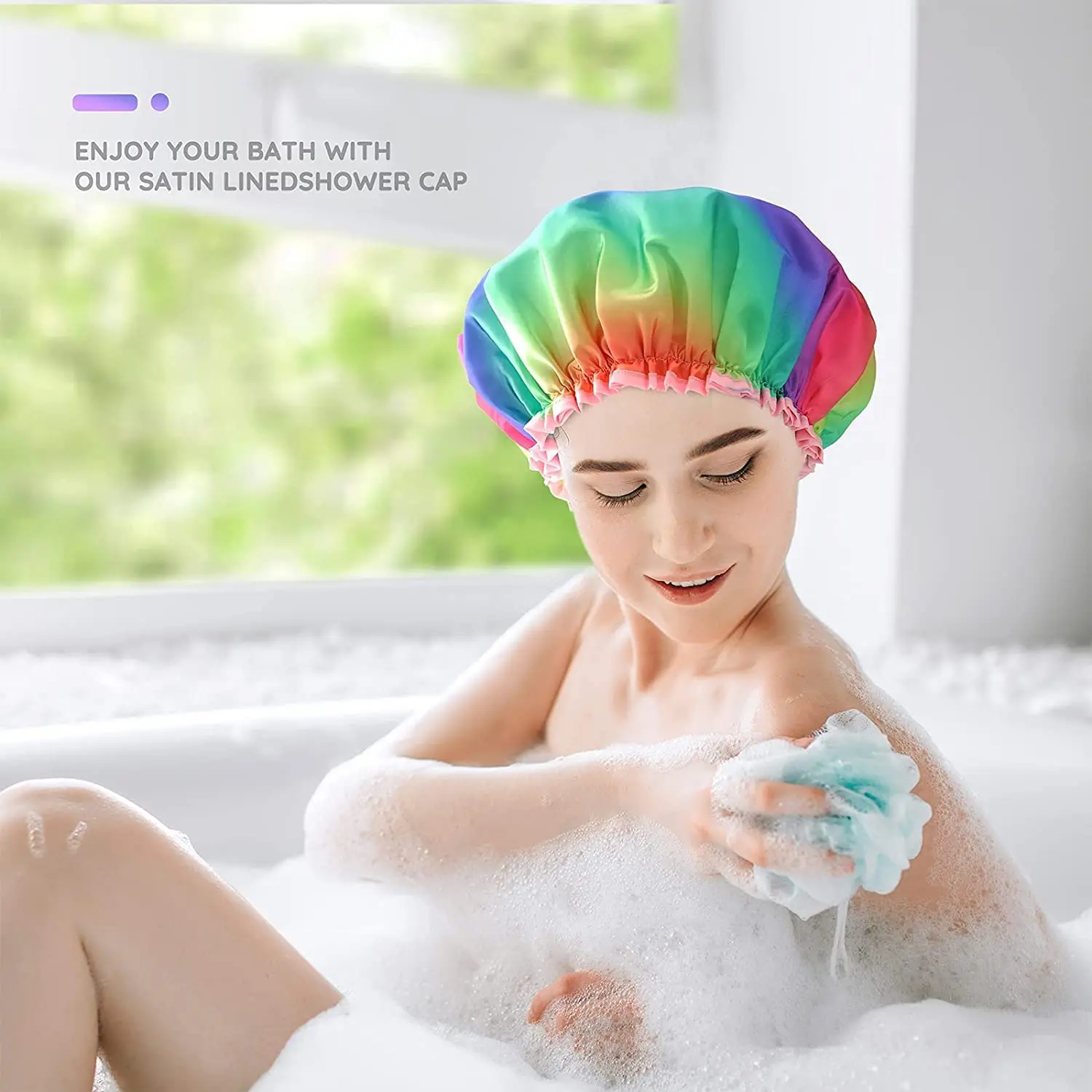 Shower Cap Long Short Hair Double Layer Waterproof Large Size Reusable Washable No Smell Rainbow Fashion Shower Caps