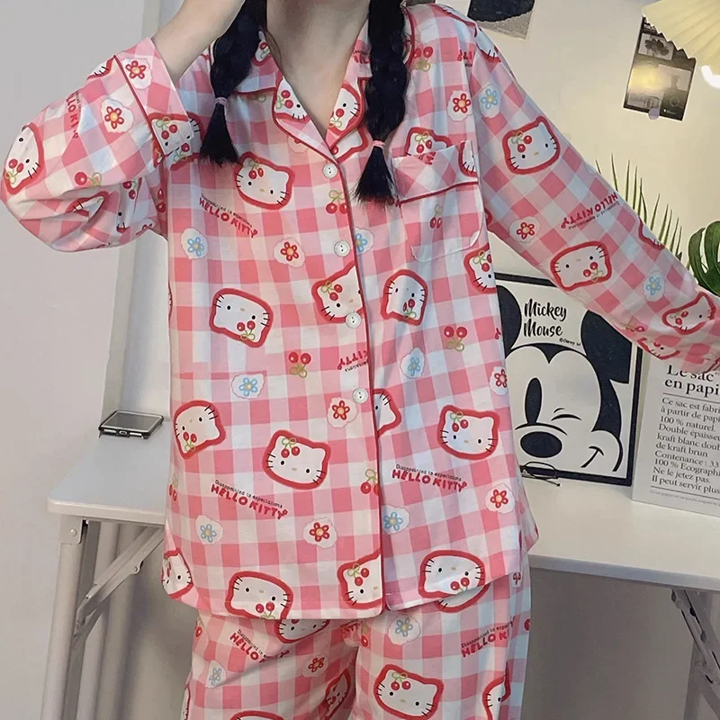 Sanrio Hello Kitty Pajamas Women\'s Plaid Spring and Autumn New Long-sleeved Trousers Ins Style Student Home Wear Suit Outer Wear