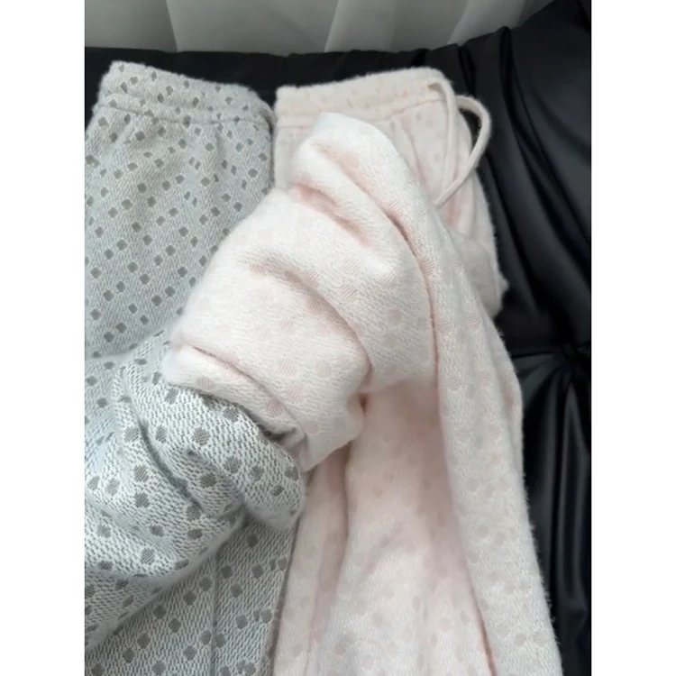 한국 슬레 소프트 폴카 도트 팬츠 여성용 가을 겨울 신상 니트 슬림 캐주얼 라이스 누들 팬츠 하이웨이스트 와이드 레그