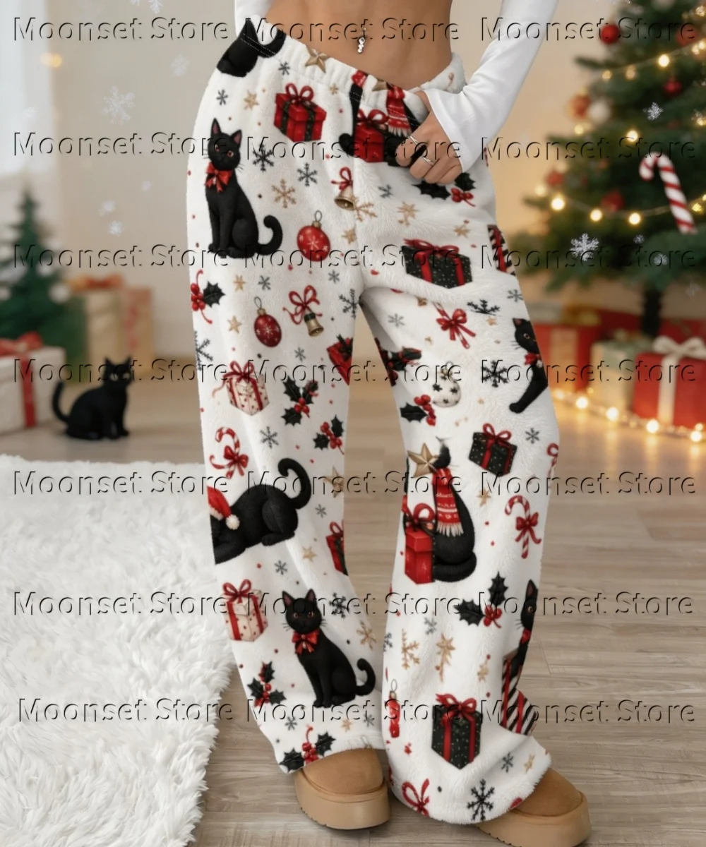 Women Pants Christmas Pants Black Cat Print Pajama Pants Elastic Waist Loose Soft Trousers Holiday Home Loungewear Outside