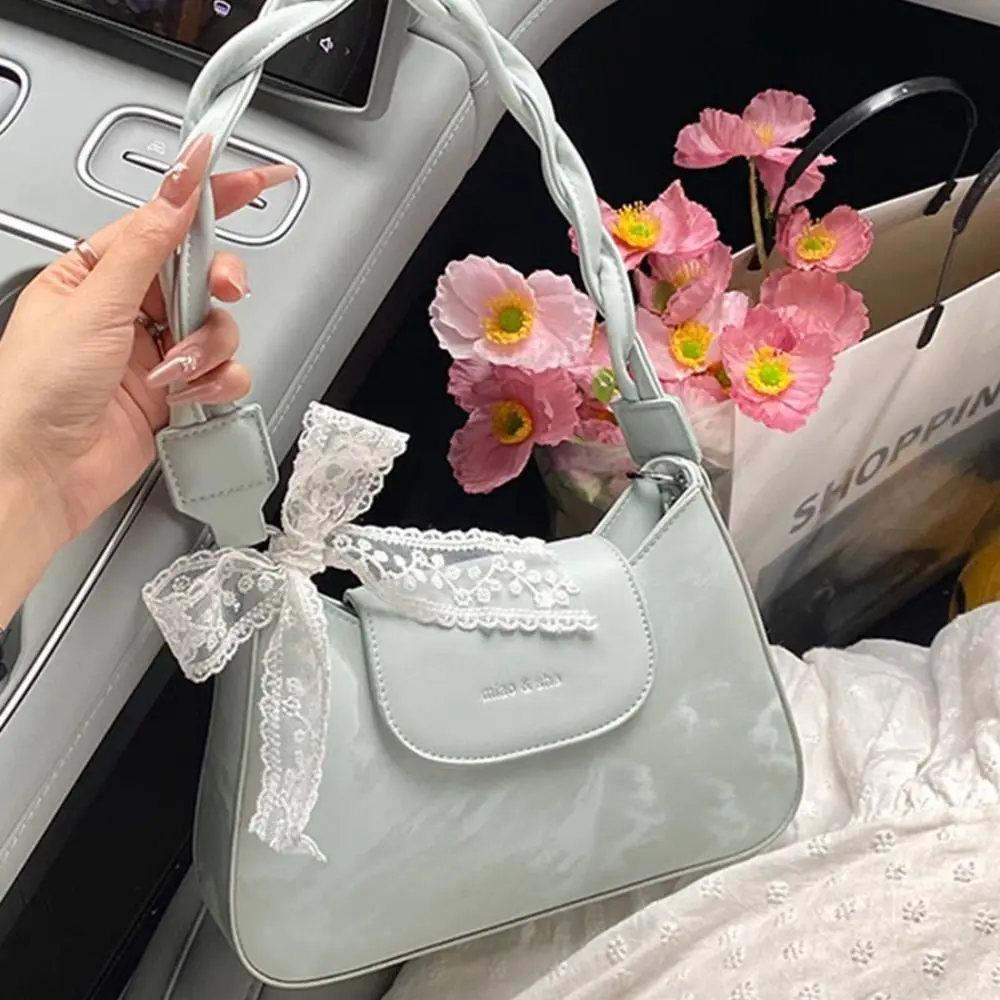

Fashion Elegant Bow Underarm Bag Smooth Solid Color Lace Ribbon Handbag Aesthetic Cute Women's Armpit Bag Woman