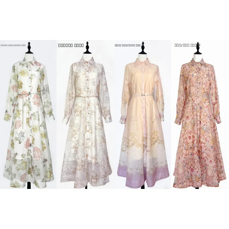 Ele Lange bedrukte Dr-staande kraag enkele knop Retro bloemen Street Sle midden taille fluwelen stof Thiened Long Sve