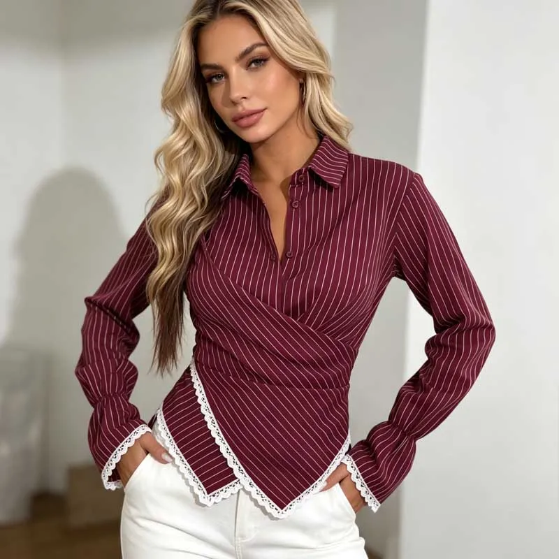 New Striped Lace Trim Wrap Women Blouse, Long Sleeve Tie Back Waist Elegant Shirt Chic Lapel Cross Asymmetric Hem Slim Fit Tops