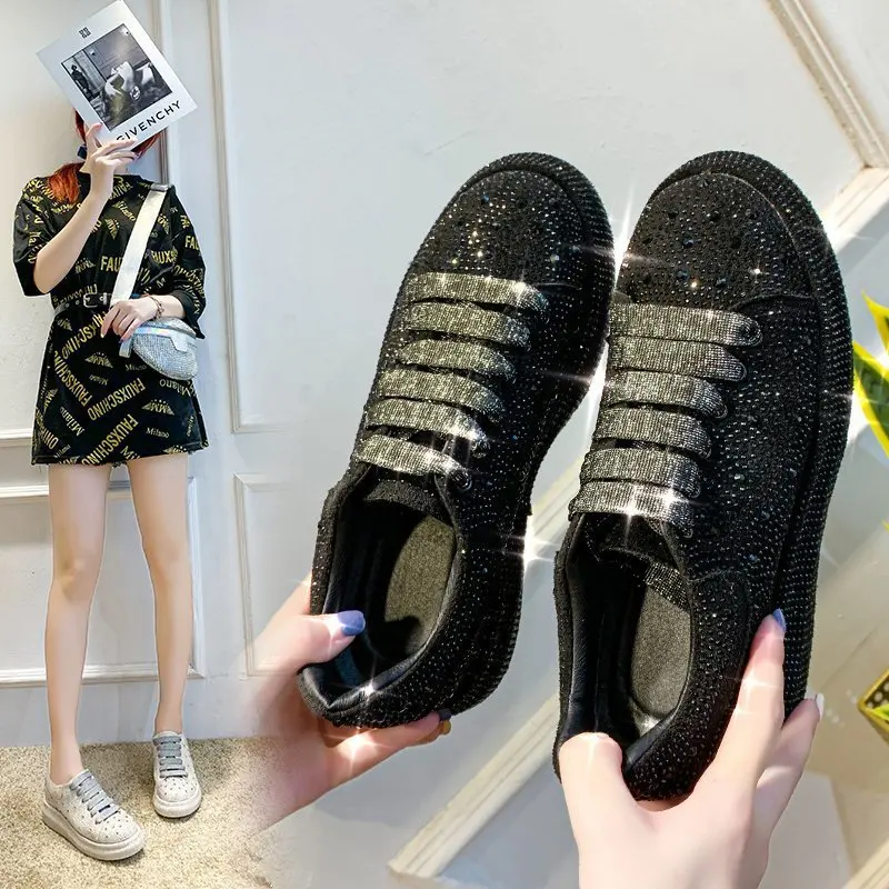 Sepatu desainer kasual wanita kristal mewah sepatu wanita Platform sepatu wanita berlian kasual sepatu olahraga berlian imitasi Fashion Heels 35-42