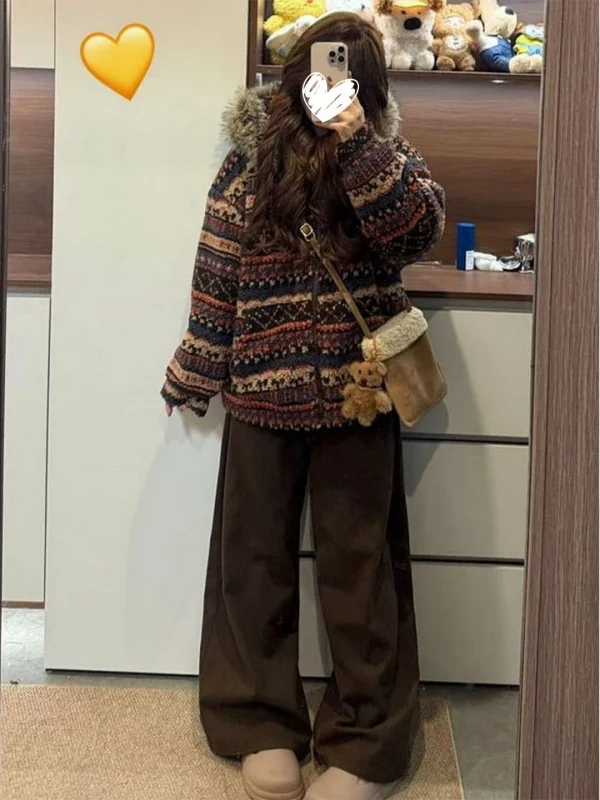 

Retro Korean Sle Hooded Jaet Faionable Women's Sweatirt Unique Attractive Top Warm Long Sve Zipper Closure Striped...