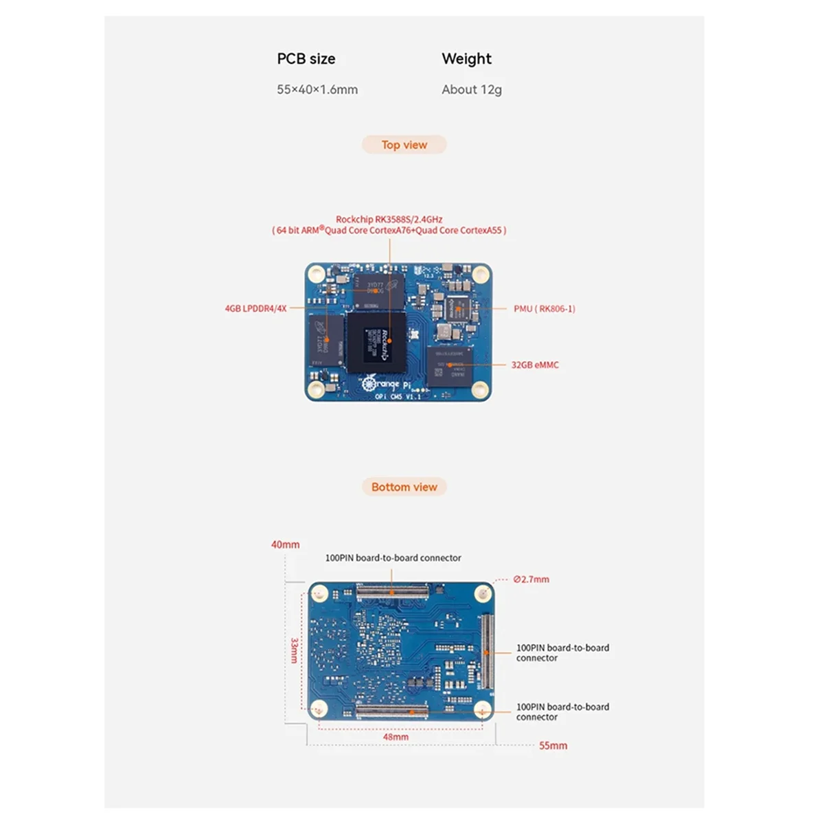 # 716V Voor Oranje Pi CM5 Development Board 8GB RAM 32GB EMMC DDR4 Rockchip RK3588S Computermodule 5 WiFi Bluetooth BLE (Blauw)