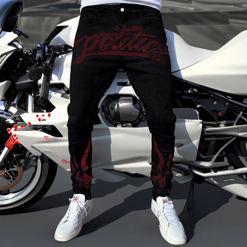 Hot sale Men's Black Stretch Skinny Hole Jeans Designer High Quality Motorcycle Club Trousers Denim Rhinestone Pencil Pants Y2k